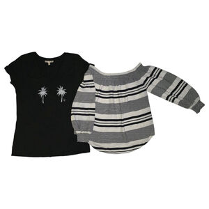 Y2K Lot of 2 EXPRESS, Sz L, Black White Striped Off Shoulder Blouse, Palm Tree